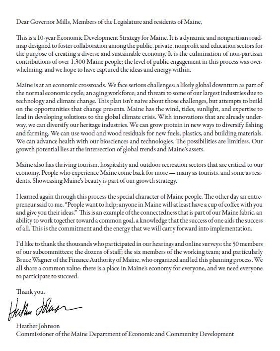 Letter from Heather Johnson re Maine Economoic Plan
